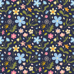 Seamless floral pattern with soft pastel flowers, herbs and leaves. Gentle spring or summer design with romantic and natural feel. Vector illustration on dark background, hand drawn, flat design