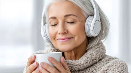 Happy senior woman relaxing with headphones and a cup of coffee or tea, enjoying music and peaceful moments. Perfect for wellness, lifestyle, retirement, and senior living concepts.