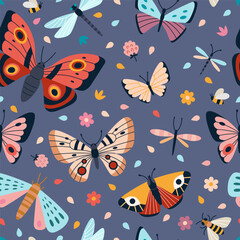Seamless pattern with butterflies, dragonflies and wildflowers. Colorful design for textile, wrapping paper or summer themed products. Vector illustration on blue background, hand drawn, flat