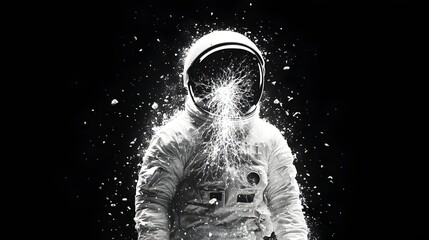 Astronaut, helmet shattering, space, debris, black background, science fiction film