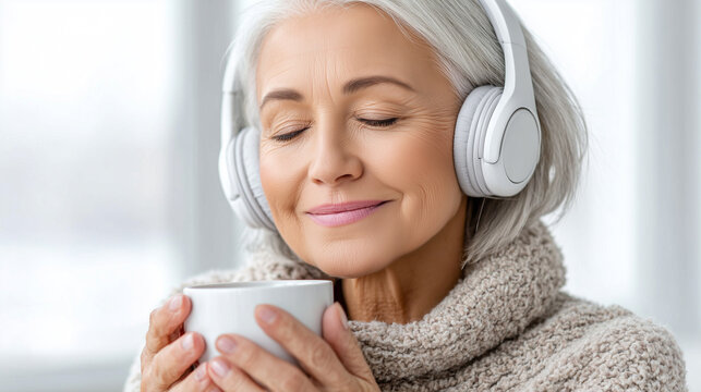 Happy senior woman relaxing with headphones and a cup of coffee or tea, enjoying music and peaceful moments. Perfect for wellness, lifestyle, retirement, and senior living concepts.