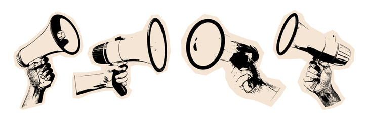 Megaphones held by hands grunge vintage retro style, representing communication, announcement, and amplification.