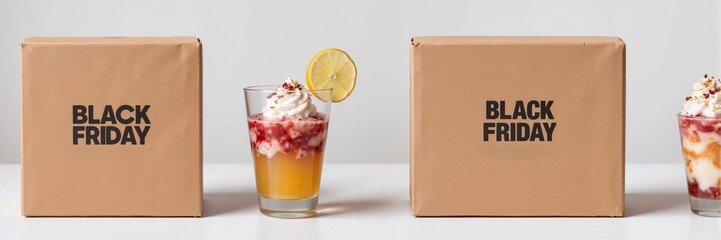 Black Friday. Long banner. Black Friday promotion with drinks and packaging on white background  