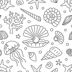 Seamless pattern with linear ocean elements like shells, jellyfish and  starfish. Elegant monochrome marine background. Vector illustration on transparent background, editable stroke, hand drawn