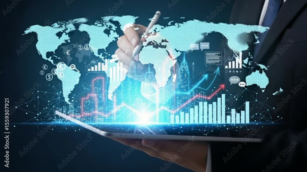 Poster person in suit holding tablet with digital graphs and city skyline overlayed on the screen display