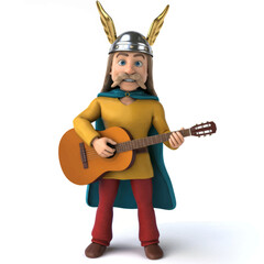3D Illustration of a Viking Musician Cartoon Warrior with Guitar and Winged Helmet