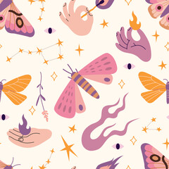 Seamless pattern with moths, flames, eyes and magical symbols. Mysterious design for witchy themes, tarot accessories or spiritual decor. Vector illustration on light background, hand drawn, flat