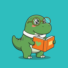 Educated Dinosaur Vector Cute Reptile Reading a Novel with Heart Detail