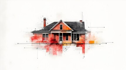 Rustic brick house architectural sketch, rural setting, watercolor background, real estate