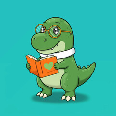 Cute Dinosaur Reading Book Vector Illustration Adorable Cartoon Dino with Glasses Reading a Story