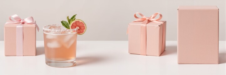 Black Friday. Long banner. Pink cocktail with garnish beside gift boxes on white background  
