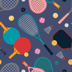 Seamless pattern with rackets, paddles and balls for various sports. Dynamic and fun design for summer games or active lifestyle products. Vector illustration on blue background, hand drawn, flat
