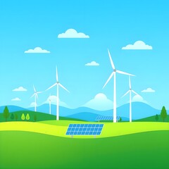 Fototapeta premium Flat Vector Landscape with Wind Turbines and Solar Panels – Clean Environmental Technology Concept