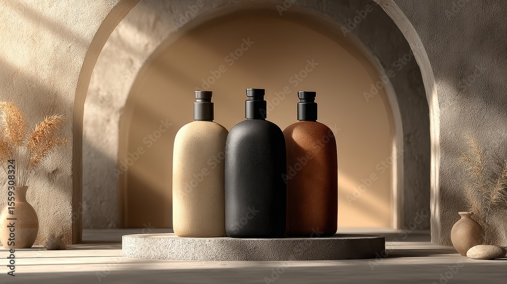 Poster Creative studio featuring colorful arches, botanical elements, and minimalist bottles for abstract product presentation