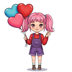 Cute Girl with Heart Balloons Vector Illustration