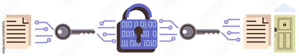 Poster blue lock with binary code, keys, documents, and a secured door conceptually representing encryption