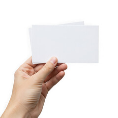Obraz premium Hand holding two blank white cards isolated on transparent background