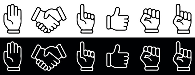 Hand Gesture Icons in Light and Dark Themes. Vector illustration.
