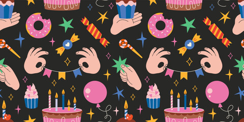 Colorful seamless birthday pattern with cake, cupcakes, festive balloons, hands, stars and celebration elements. Trendy modern vector illustration on black background, hand drawn, flat design