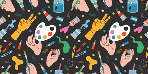 Seamless pattern with art supplies, creative hands, paint tubes, brushes and sketching tools. Trendy modern vector illustration on black background, hand drawn, flat design