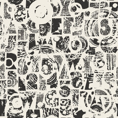 Abstract vector seamless pattern with font consisting of geometric shapes with texture, shells on the theme of paleontology. Fabric, textile, t-shirt design, tiles, wallpaper, wrapping paper. No AI 