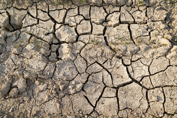 Dry cracked earth showing effects of drought. Close-up of parched, cracked soil surface symbolizing...