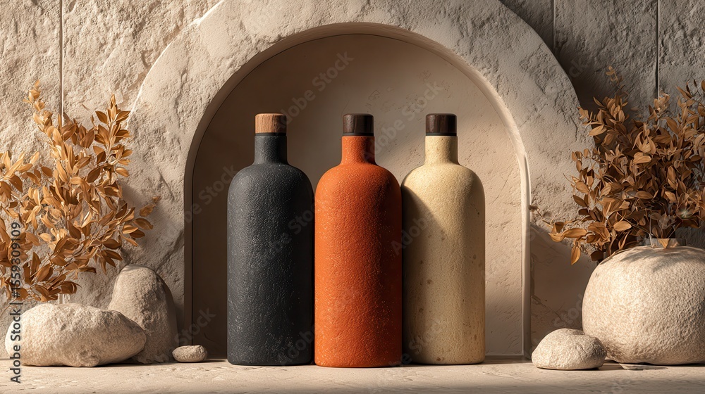 Poster Creative studio featuring colorful arches, botanical elements, and minimalist bottles for abstract product presentation