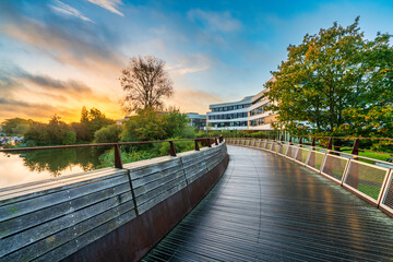 Beautiful architecture of Northampton city riverside at sunrise. England