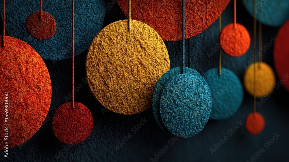 Aufkleber Hanging circular textured shapes in shades of red, orange, yellow and blue create a unique and colorful abstract design