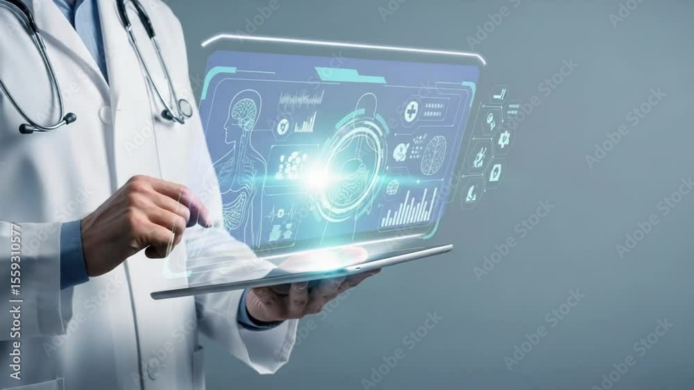 Aufkleber doctor in white coat using digital tablet with holographic medical interface display in a blue tone