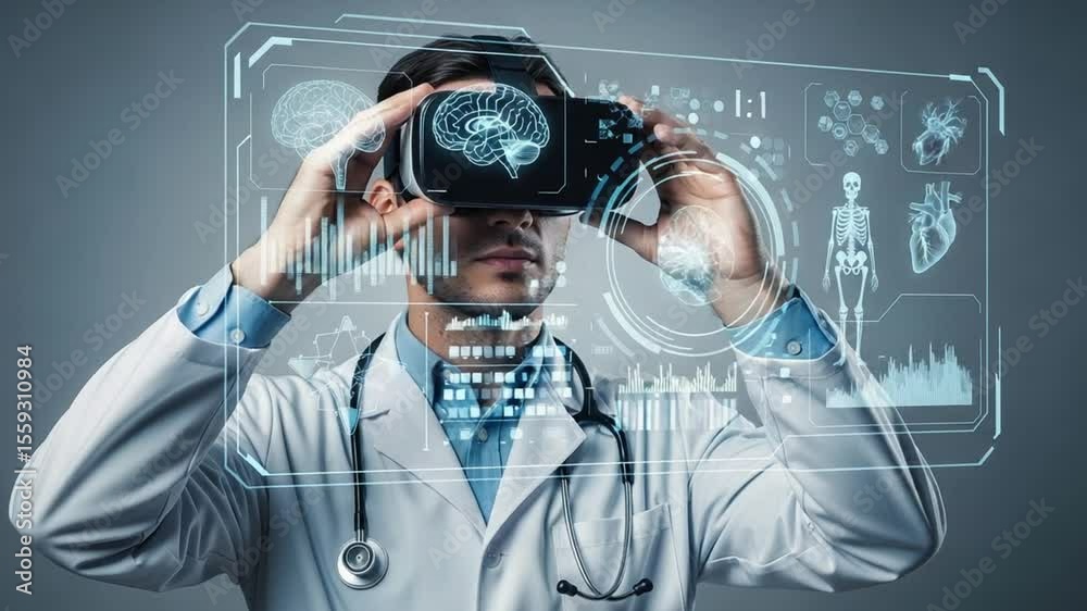Poster Doctor using virtual reality headset displaying brain heart and skeleton graphics on screen