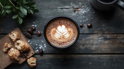 Overhead View Of Coffee With Latte Art And Pastries On Rustic Wooden Table