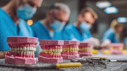 Dental students practice on artificial teeth models in a laboratory setting, perfecting dental skills and techniques