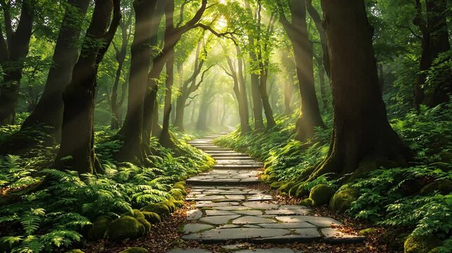 Peaceful green forest with sun rays and stone path as camera moves down from above