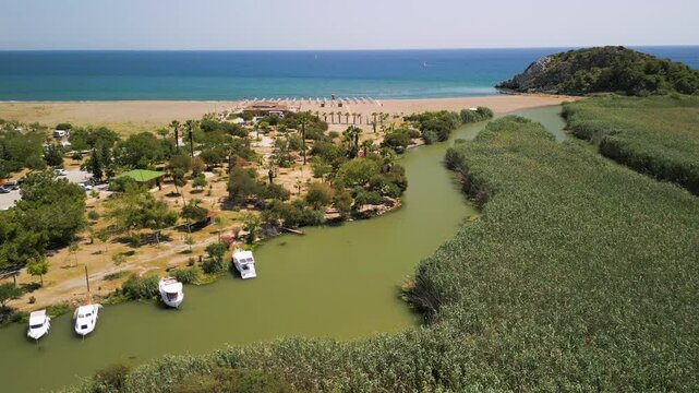 Aerial view of serene beach, river, boats, palm trees, clear sky, Turkey.