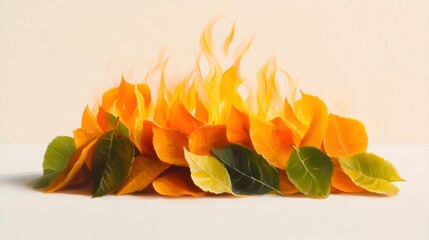 Burning autumn leaves, studio still life, fall fire, background cream