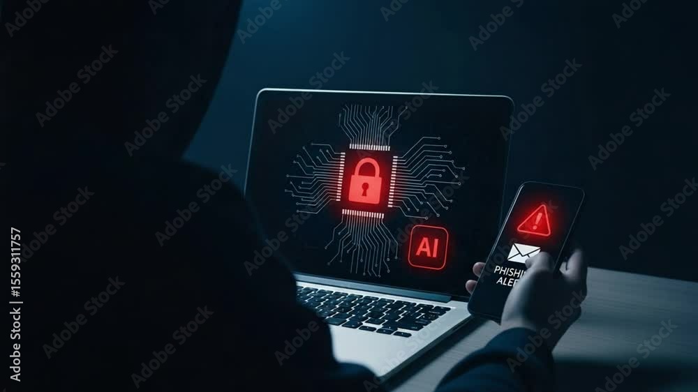 Poster Person viewing laptop with red lock and ai icon and phone with phishing alert message displayed