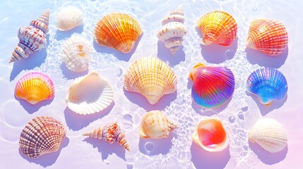 Colorful seashells on pastel background, summer, ocean bubbles, design