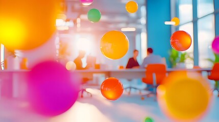 Colorful spheres float above modern office meeting
