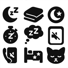 Sleep Icons Collection. Solid style icons of sleep and rest routines: sleep mode symbol, cozy blanket icon, dream bubble icon,