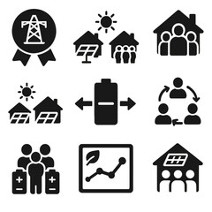 Community Energy Icons. Solid style icons of community energy sharing: local grid share badge, energy co-op icon, neighborhood