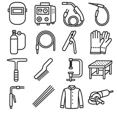 Welding Tools Icons. Line style icons of welding tools: welding helmet, arc welder, MIG gun, TIG torch, gas cylinder, welding