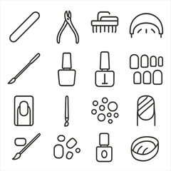 Obraz premium Manicure Essentials Icons. Line style icons of nails and manicure: nail file, nail polish bottle, nail clippers, manicure brush,