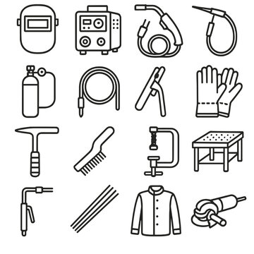 Welding Tools Icons. Line style icons of welding tools: welding helmet, arc welder, MIG gun, TIG torch, gas cylinder, welding