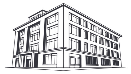 Modern Architectural Building Depicted in Black and White Line Art.