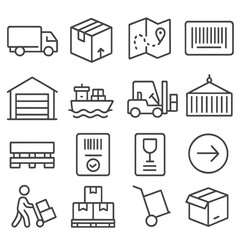 Logistics Line Icons. Line style icons of logistics basics: delivery truck, cargo box, route map, barcode label, warehouse,