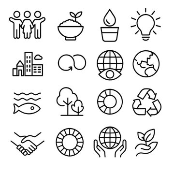 SDG Icons Overview. Line style icons of global sustainability goals: goal 1 no poverty, goal 2 zero hunger, goal 6 clean water,