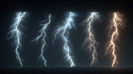 Vivid multiple bolts of lightning strike down from storm clouds during a severe electrical storm