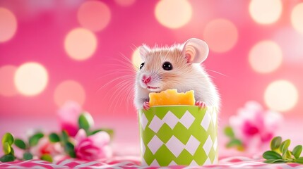 Hamster eating cheese in cup, pink bokeh, flowers