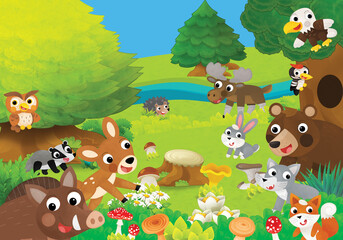 cartoon fun scene different forest animals friends in forest illustration